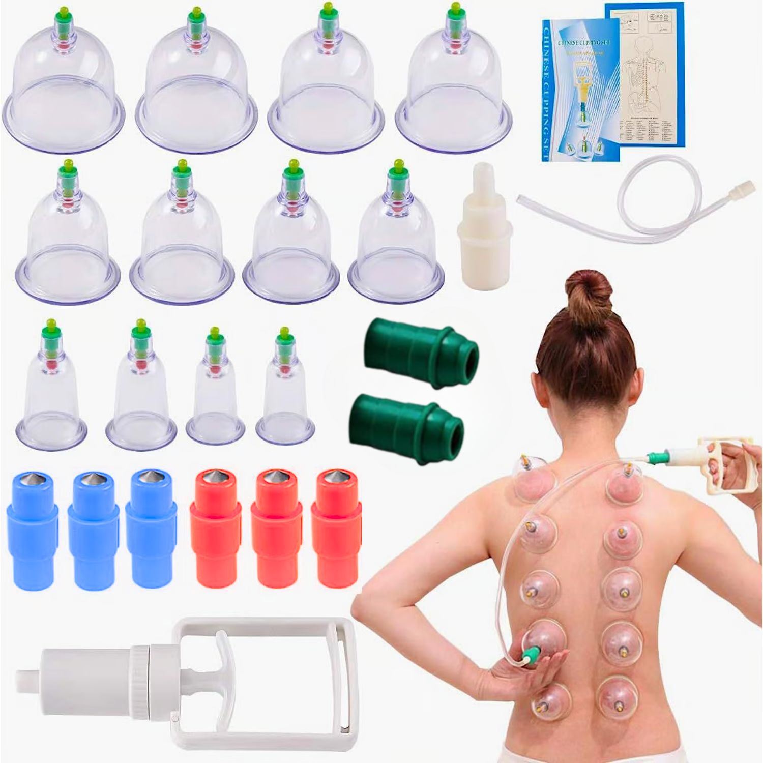 Ventosas Chinas Terapéuticas 12 Piezas con Bomba Masaje Descontracturante Alivio Dolor Muscular Circulación Celulitis